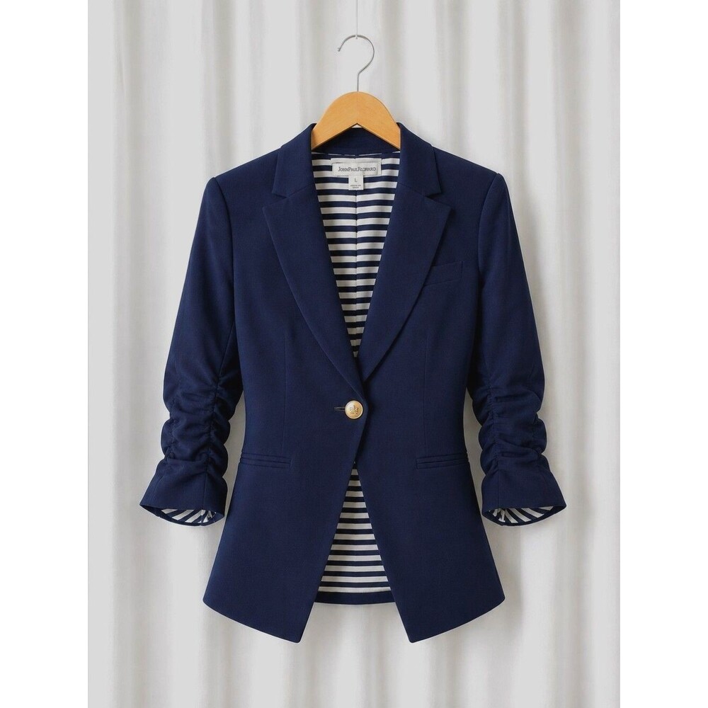 John Paul Richard Navy Blue Single Button Ruched Sleeves Lined Cut Away Blazer